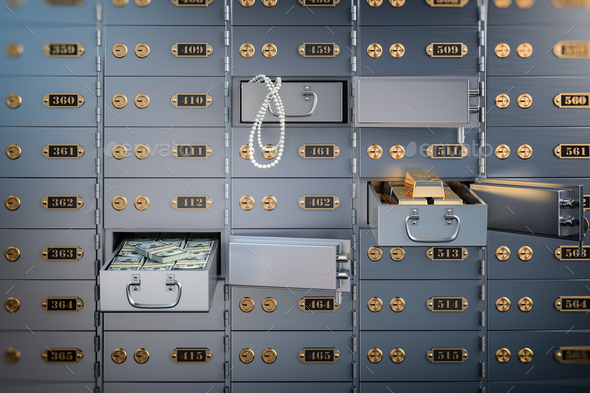 Open safe deposit box with money, jewels and golden ingots